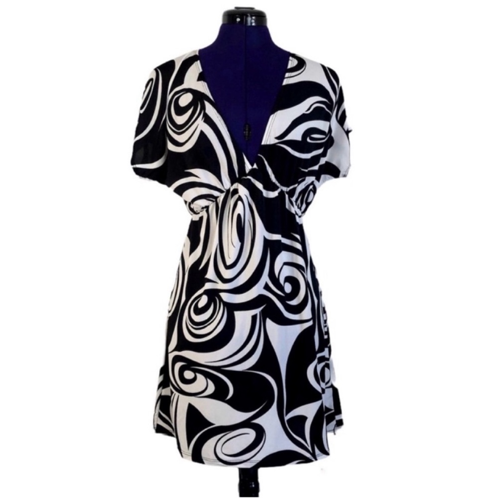 Y2K Black White Abstract Swirl V-Neck Empire Waist Short Sleeve Mini Dress - Picture 1 of 11